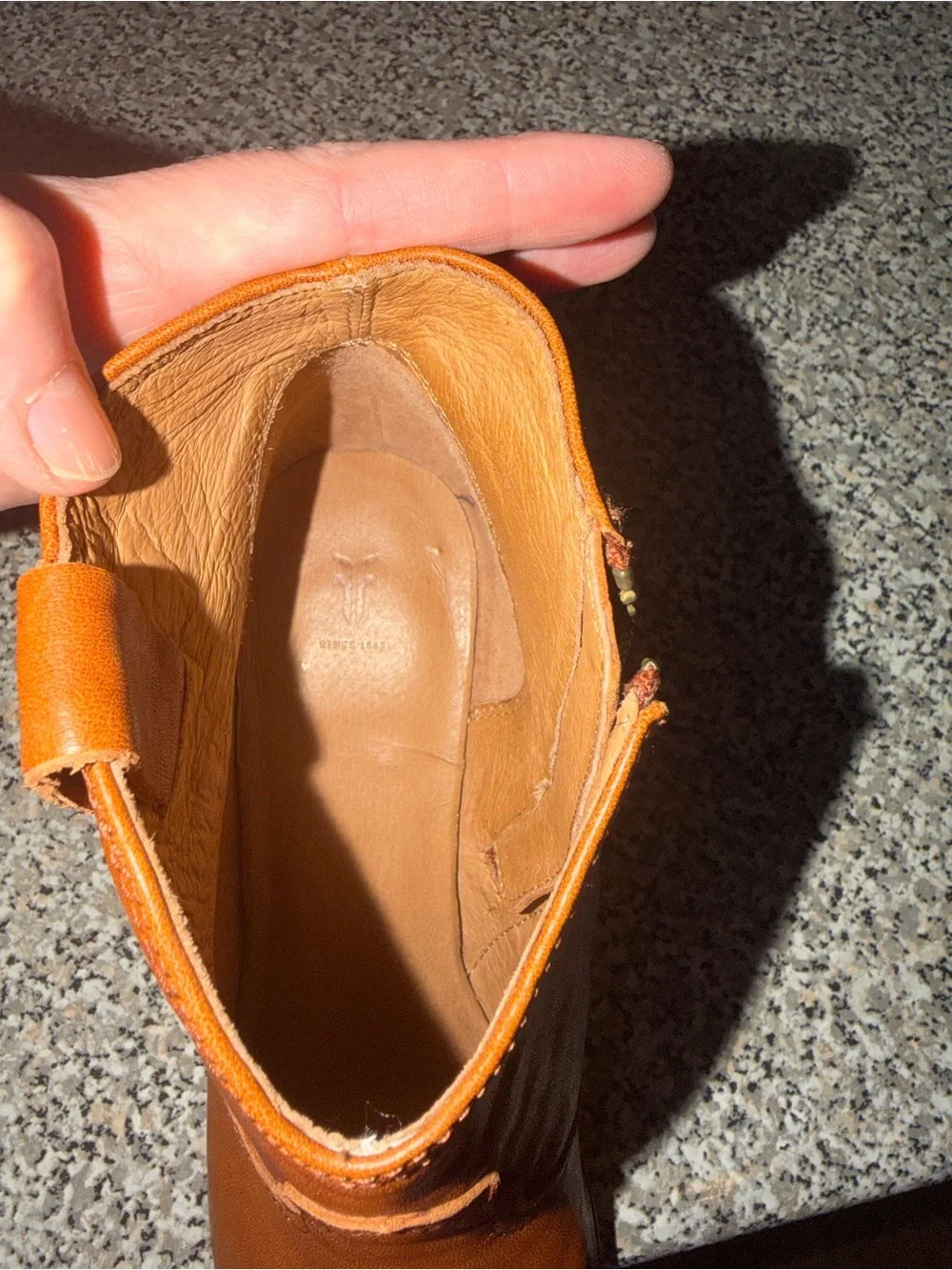 Frye Cognac Leather Ankle Booties with Stacked Heel